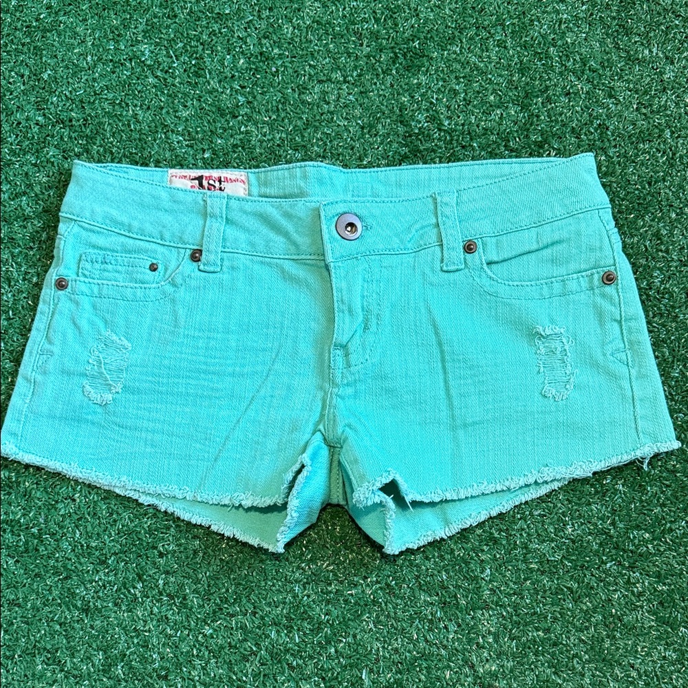 1st Kiss Y2K Vibes Vibrant Teal Blue Aqua Green Distressed Jean Shorts